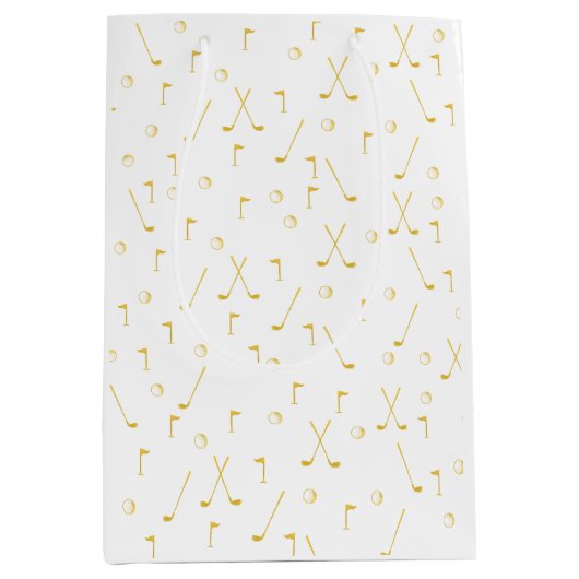 エレガント金ゴールドモダンゴルフパターゴルファー白 ミディアムペーパーバッグ (正面)