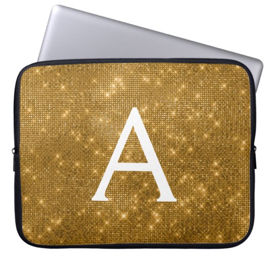 エレガント金ゴールドモダンスパークルモノグラム ラップトップスリーブ (正面)
