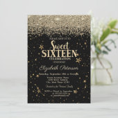 エレガント金ゴールドモダンダイヤモンドスターズブラックスウィート16 招待状 (スタンド正面)