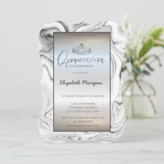 エレガント金ゴールドモダンティアラ、シルバーマーブル招待状 招待状 (スタンド正面)