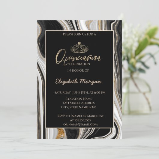 エレガント金ゴールドモダンティアラ、黒金ゴールド大理石 招待状 (スタンド正面)