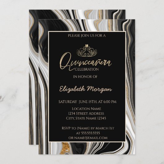 エレガント金ゴールドモダンティアラ、黒金ゴールド大理石 招待状 (正面/裏面)