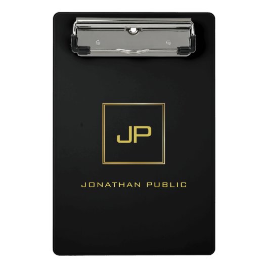 エレガント金ゴールドモダンモノグラム黒テンプレートミニ ミニクリップボード (正面)