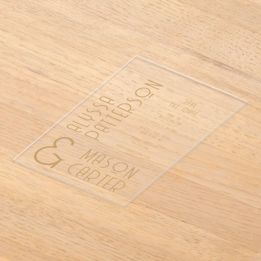 エレガント金ゴールドモダン結婚式の日付の保存 アクリル招待状 (レイダウン)