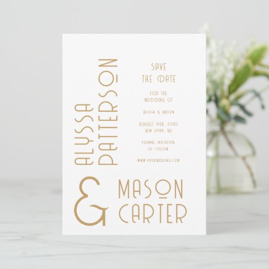 エレガント金ゴールドモダン結婚式の日付の保存 セーブザデート (スタンド正面)