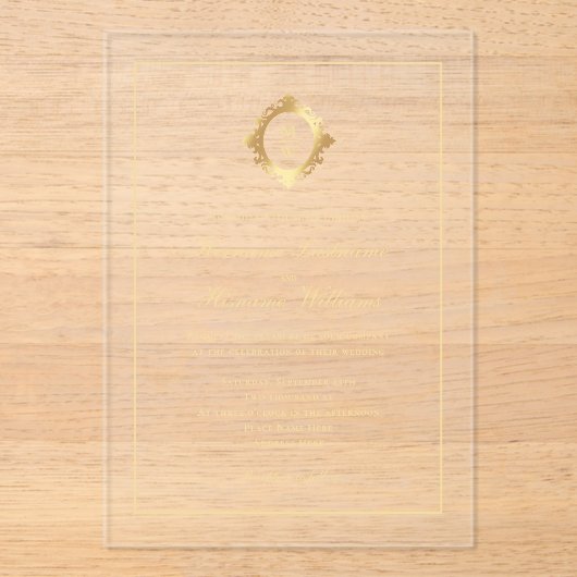 エレガント金ゴールドモノグラスタイリッシュム結婚の透明 アクリル招待状 (正面)