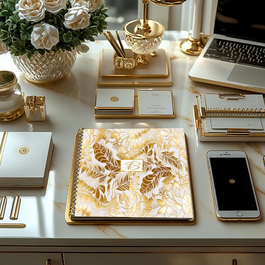 エレガント金ゴールドモノグラムのとアイボリーモンステラリーフ ノートブック