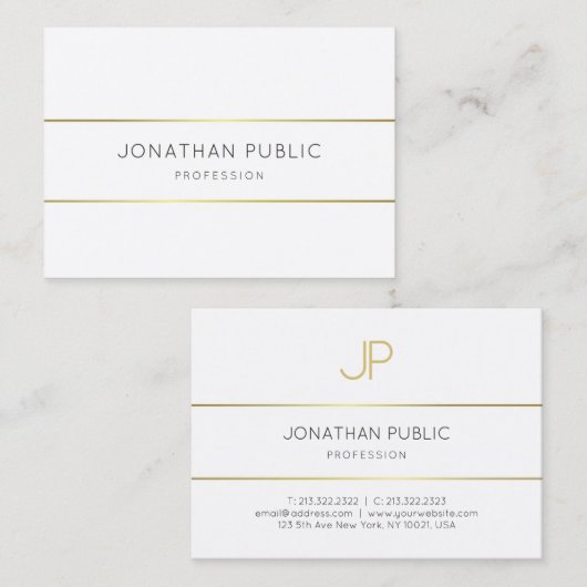 エレガント金ゴールドモノグラムの白テンプレート 名刺 (正面/裏面)