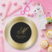 エレガント金ゴールドモノグラムスクリプ結婚ト黒 ペーパープレート (パーティー)