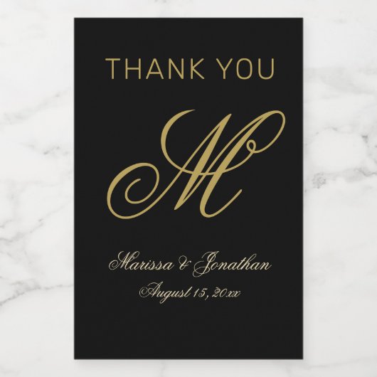 エレガント金ゴールドモノグラムスクリプ結婚ト黒 ワインラベル (シングルラベル)