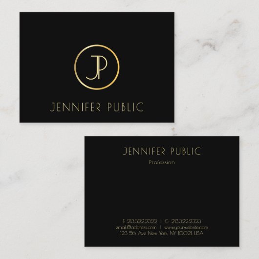 エレガント金ゴールドモノグラムモダンブラックテンプレートトップ 名刺 (正面/裏面)