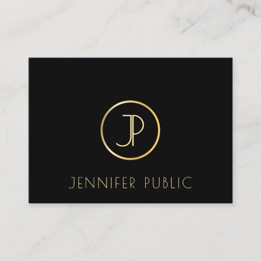 エレガント金ゴールドモノグラムモダンブラックテンプレートトップ 名刺 (正面)