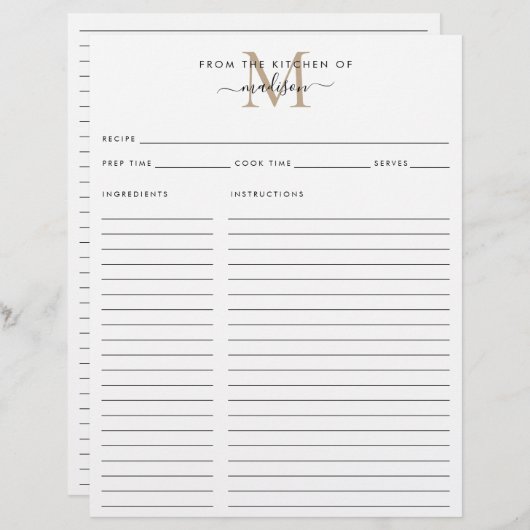 エレガント金ゴールドモノグラムレシピのキッチンから (正面/裏面)