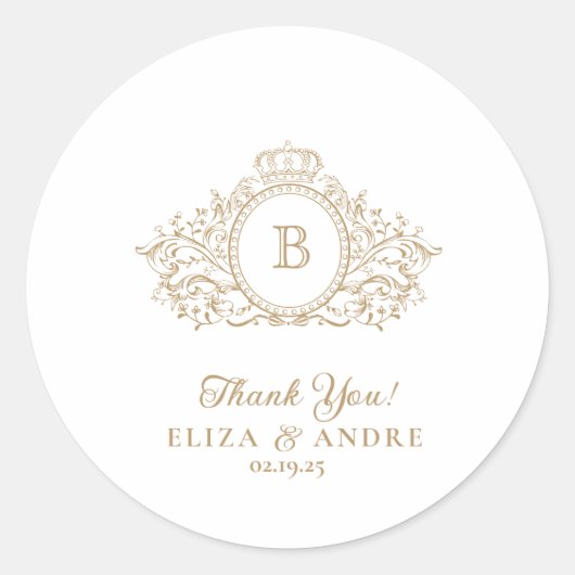 エレガント金ゴールドモノグラム結婚クレストのシール ラウンドシール (正面)
