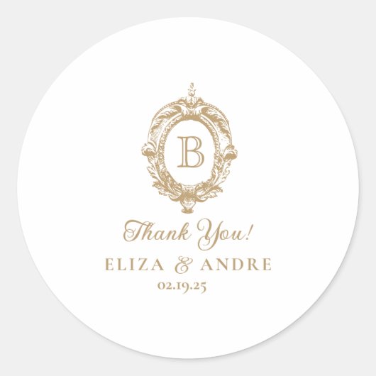 エレガント金ゴールドモノグラム結婚クレストのシール ラウンドシール (正面)