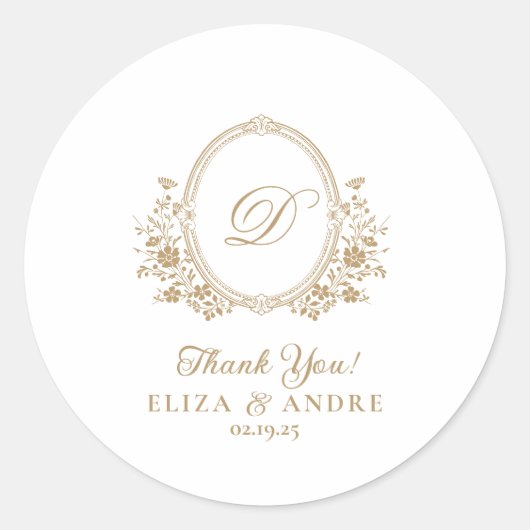 エレガント金ゴールドモノグラム結婚クレストのシール ラウンドシール (正面)