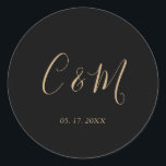 エレガント金ゴールドモノグラム結婚ブラック ラウンドシール<br><div class="desc">エレガントなウェディングステッカー</div>
