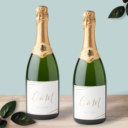 エレガント金ゴールドモノグラ結婚ムのワインラベル スパークリングワインラベル