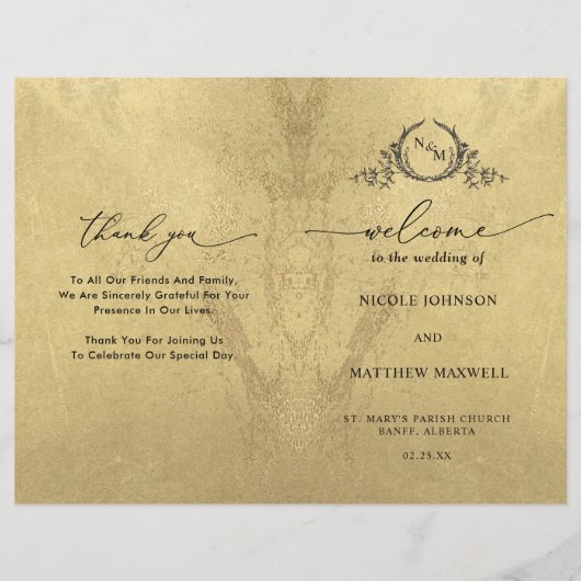 エレガント金ゴールドモノグ結婚ラム折り畳みプログラム (正面)