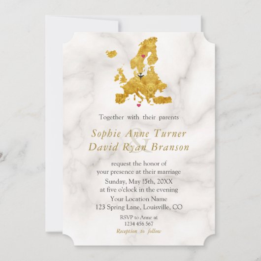 エレガント金ゴールドヨーロッパマップ宛先ウェディング 招待状 (正面)