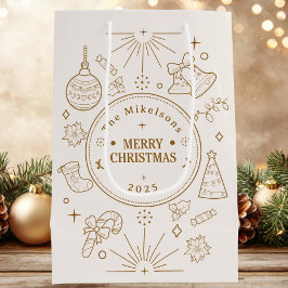 エレガント金ゴールドラインアートクリスマス ミディアムペーパーバッグ