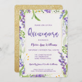 エレガント金ゴールドラベンダーフローラグリッターキンセアニェラ 招待状 (正面/裏面)