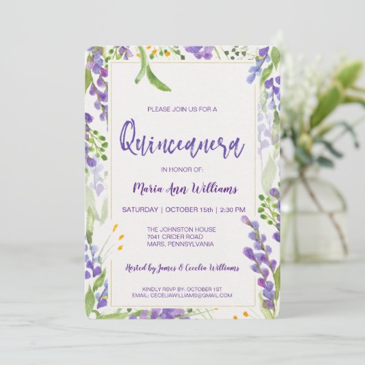 エレガント金ゴールドラベンダーフローラグリッターキンセアニェラ 招待状 (スタンド正面)