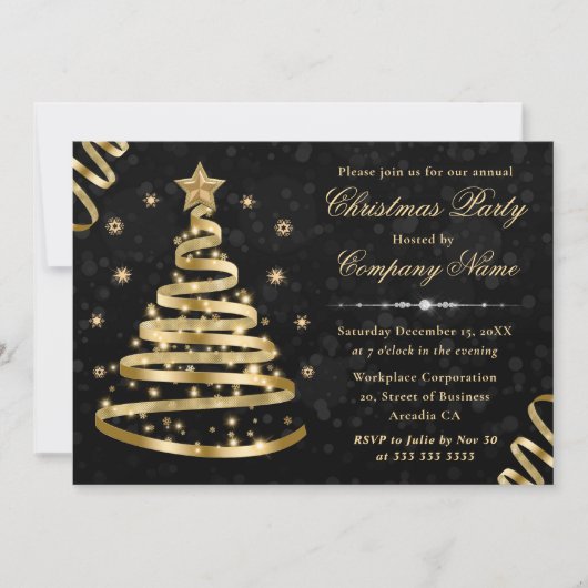 エレガント金ゴールドリボンツリー企業のクリスマス 招待状 (正面)
