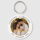 エレガント金ゴールドリングや輪カップル写真ホワ結婚イト キーホルダー (裏面)