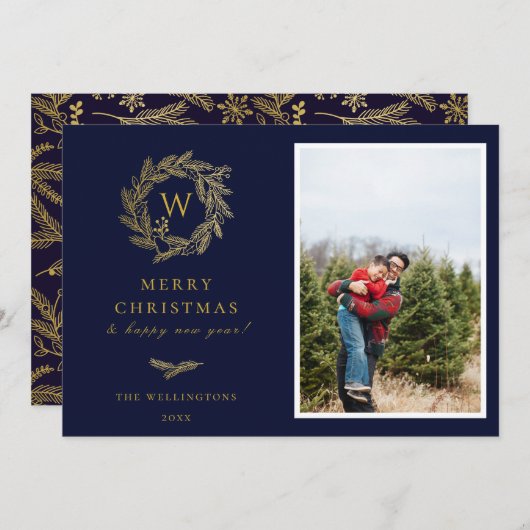 エレガント金ゴールドリースモノグラムホリデーフォトカード シーズンカード (正面/裏面)