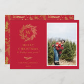 エレガント金ゴールドリースモノグラムホリデーフォトカード シーズンカード (正面/裏面)