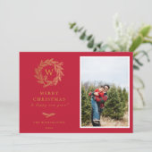 エレガント金ゴールドリースモノグラムホリデーフォトカード シーズンカード (スタンド正面)