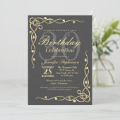 エレガント金ゴールドリーフつる植物オンブラック 招待状 (スタンド正面)
