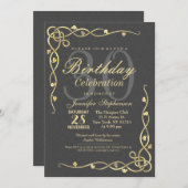 エレガント金ゴールドリーフつる植物オンブラック 招待状 (正面/裏面)