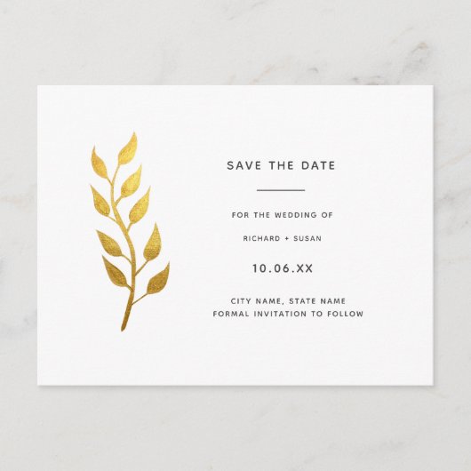 エレガント金ゴールドリーフ日付の保存招待状 インビテーションポストカード (正面)