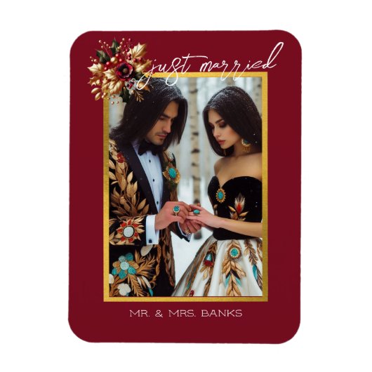 エレガント金ゴールドリーフ結婚の写真たった今結婚しました マグネット (縦)