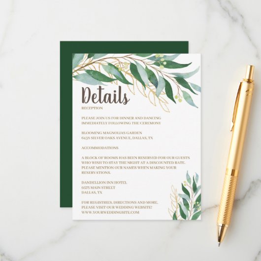 エレガント金ゴールドリーフ結婚の詳細挿入カード エンクロージャーカード (正面/裏面インサイチュ)