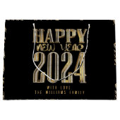 エレガント金ゴールドルックスクリプトブラックハッピーニューイヤー2024 ラージペーパーバッグ (正面)