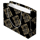 エレガント金ゴールドルックスクリプトブラックハッピーニューイヤー2024 ラージペーパーバッグ (裏面アングル)