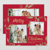 エレガント金ゴールドレッド葉2フォトクリスマスカード (正面/裏面)