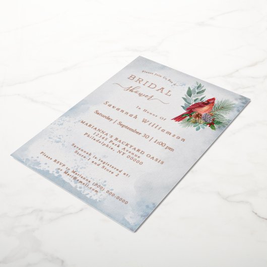 エレガント金ゴールドレッド（鳥）ショウジョウコウカンチョウクリスマスブライダルシャワー 箔招待状 (回転した状態)