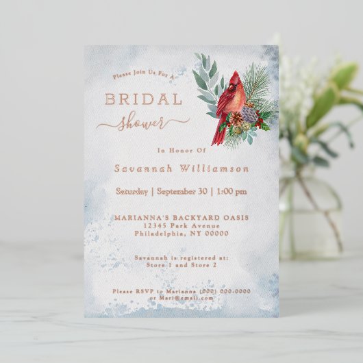 エレガント金ゴールドレッド（鳥）ショウジョウコウカンチョウクリスマスブライダルシャワー 箔招待状 (立ち正面)