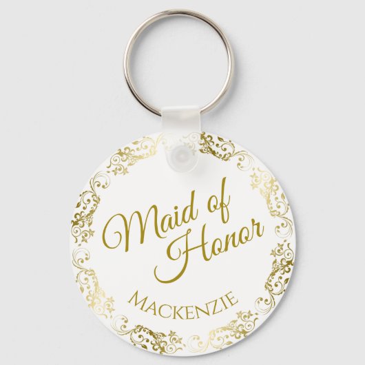 エレガント金ゴールドレースオンホワイトメイド・オブ・オーナー(花嫁付き添い人)結婚ズ キーホルダー (正面)