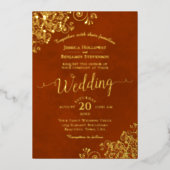 エレガント金ゴールドレースオンラストオレンジフリリー結婚ズ 箔招待状 (正面)