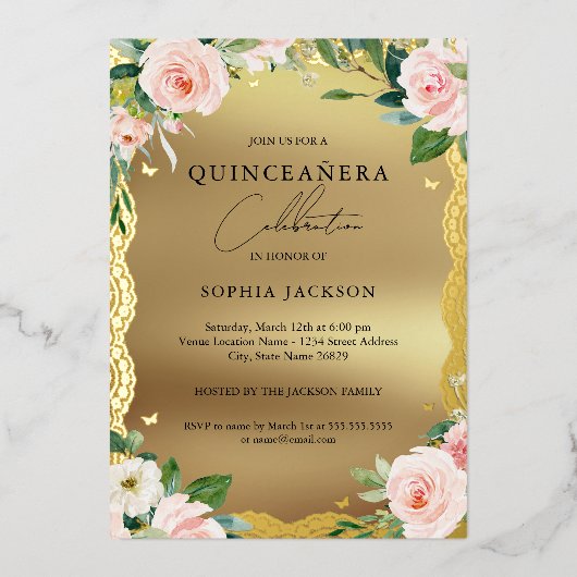 エレガント金ゴールドレースピンクフローラ写真キンセアニェラ 箔招待状 (正面)