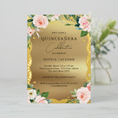 エレガント金ゴールドレースピンクフローラ写真キンセアニェラ 箔招待状 (立ち正面)