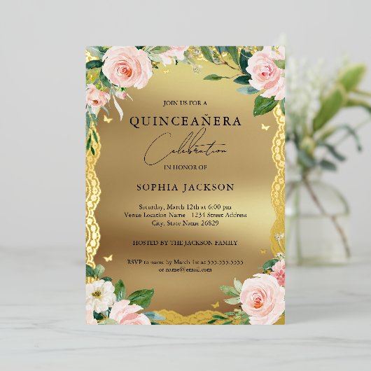 エレガント金ゴールドレースピンクフローラ写真キンセアニェラ 箔招待状 (立ち正面)