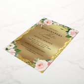 エレガント金ゴールドレースピンクフローラ写真キンセアニェラ 箔招待状 (回転した状態)