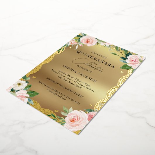 エレガント金ゴールドレースピンクフローラ写真キンセアニェラ 箔招待状 (回転した状態)