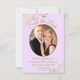 エレガント金ゴールドレース楕円形フォト薄紫パープル結婚ズ セーブザデート